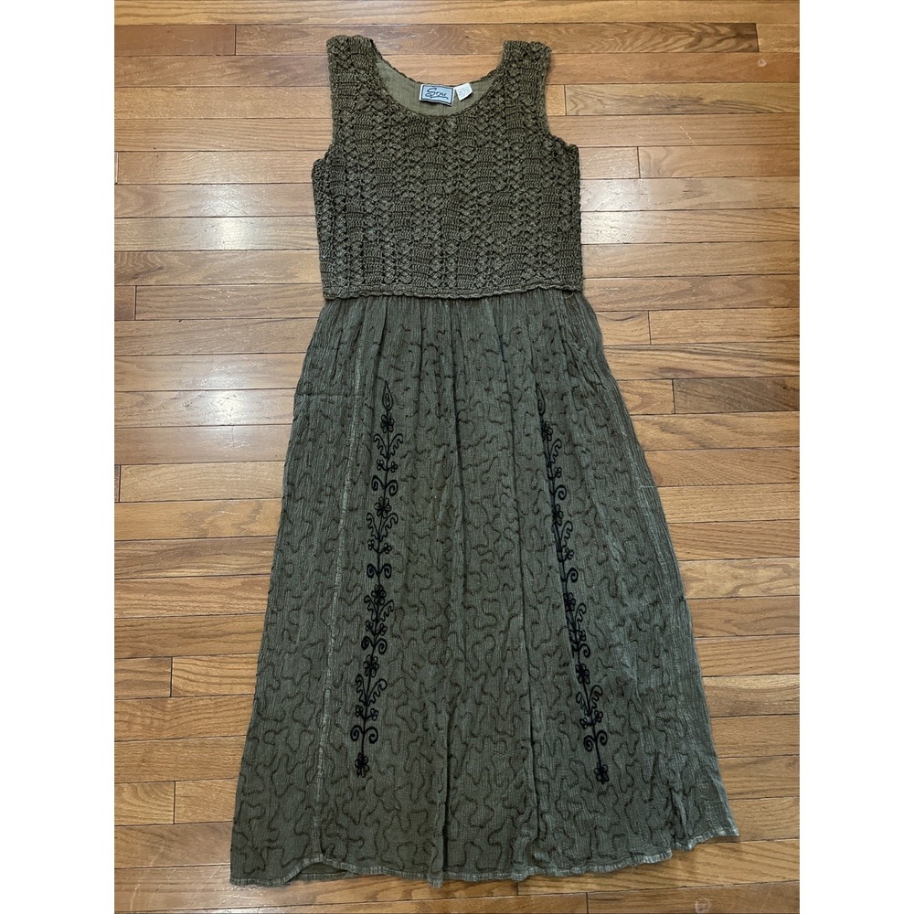 Vintage Style Brown Embroidered Maxi Dress Crochet Boho Cottagecore Festival